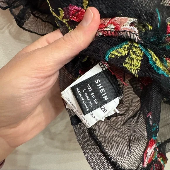 Floral Embroidered Sheer Black Top | Women’s Size Large - Picture 7 of 7